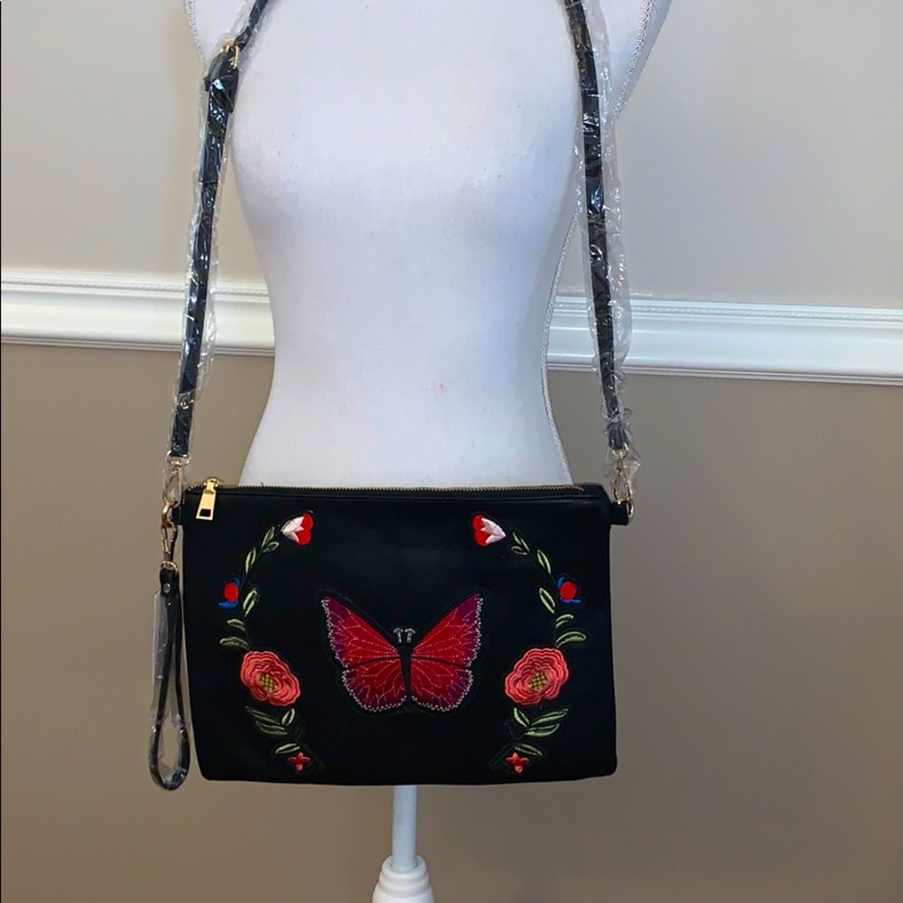 Butterfly and floral embroidered bag